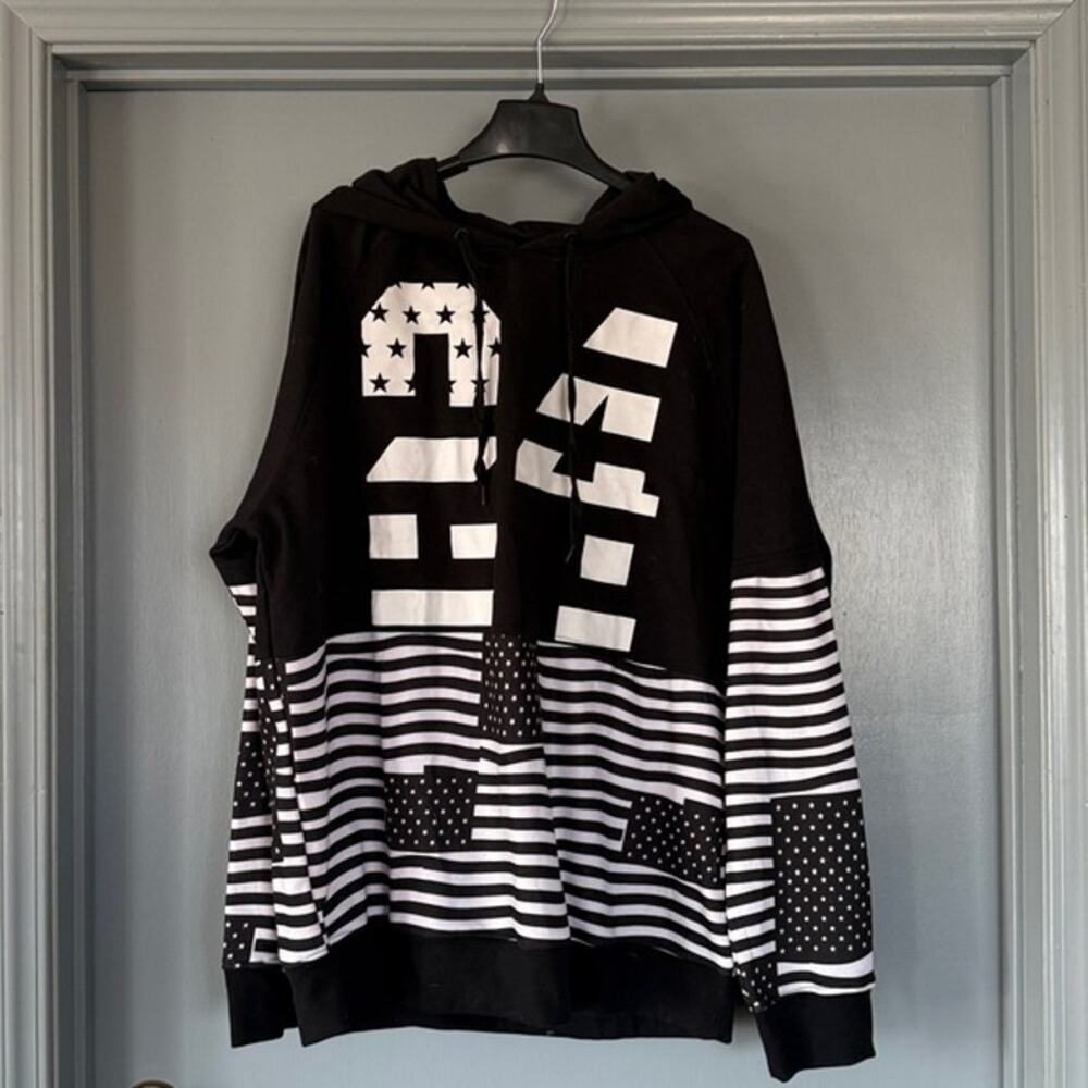 Black White Long Sleeved Hoodie Women's Sweatshirt Stars Stripes Sporty sz2XL